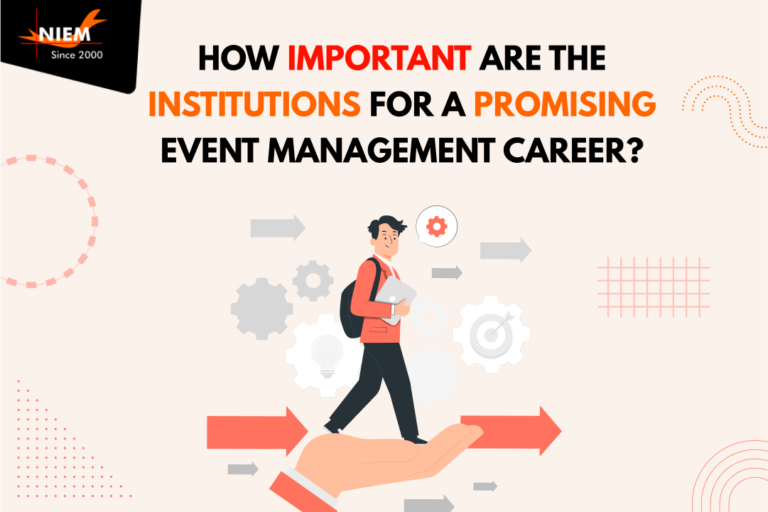 A promotional educational graphic asking about the significance of institutions for a successful career in event management, featuring an animated character walking confidently with a clipboard.