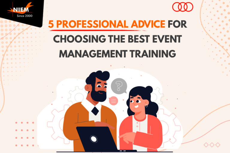Two professionals discuss top tips for selecting ideal event management courses on a computer screen, with a headline emphasizing '5 professional advice for choosing the best event management training