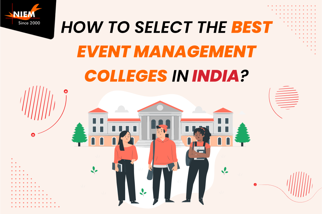 Three students standing in front of a college building & discuss how to select the best event management colleges in india?