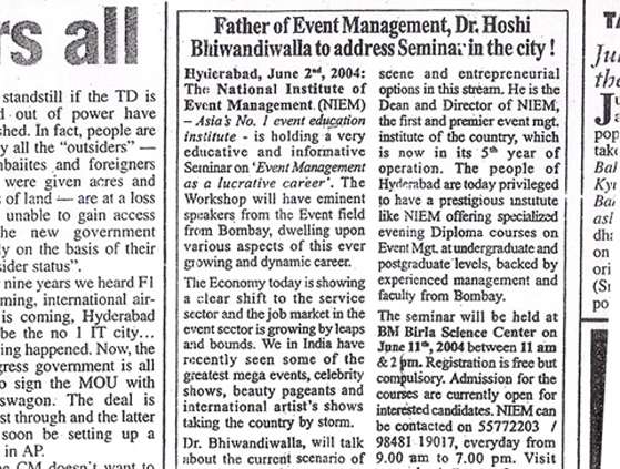 Father of event management, Dr Hoshi Bhiwandiwalla to address seminar in the city